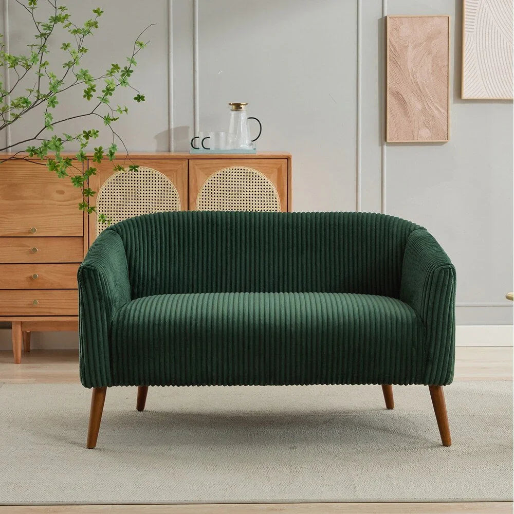 2-zitsbank met bekleding van corduroy en houten poten in walnootkleur