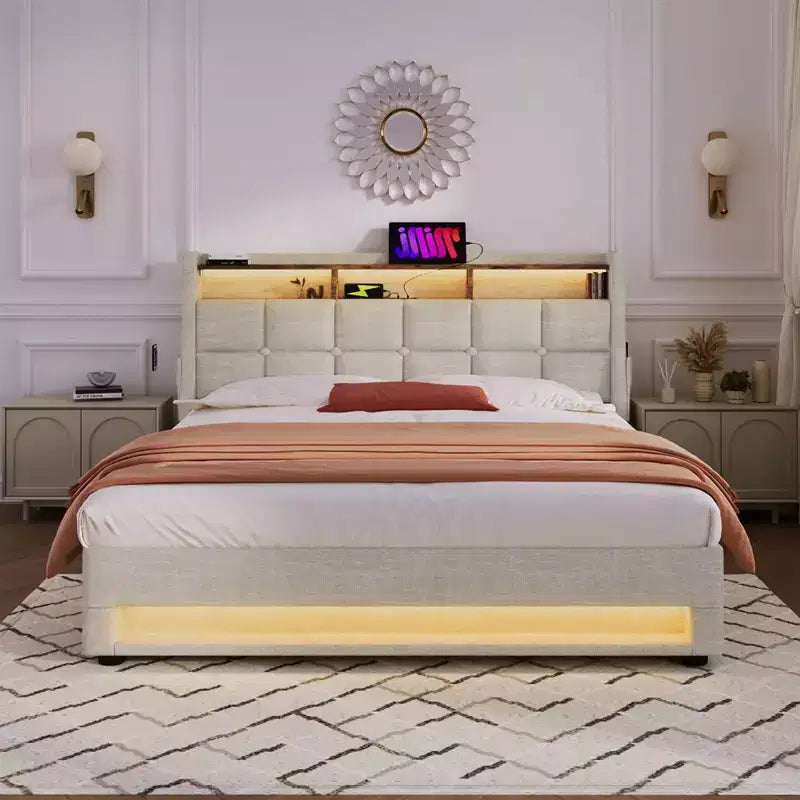 Queen-Size-Bett mit hydraulischem Stauraum, LED-Beleuchtung, USB-Anschlüssen und gepolstertem Kopfteil, ohne Lattenrost, einfache Montage
