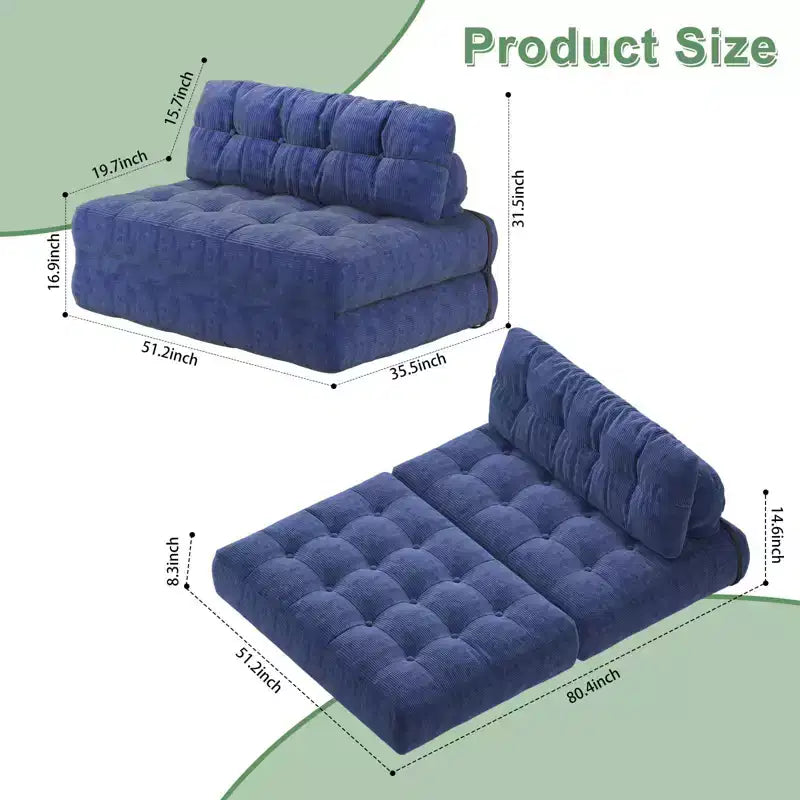 Canapé-lit futon pliant en velours côtelé, fauteuil convertible au sol avec coussin et soutien dorsal, format double