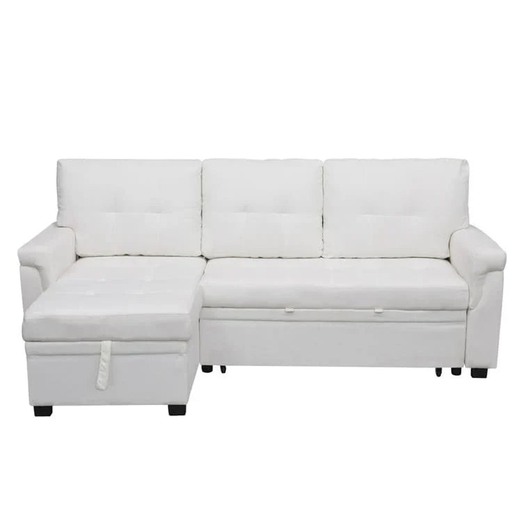 Divano componibile reversibile trasformabile con letto estraibile, chaise longue con contenitore nascosto e gambe resistenti
