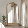 37 in. W x 71 in. H Classic Carved Arch Wood Frame with Rattan Bottom Wall Mirror in Brown