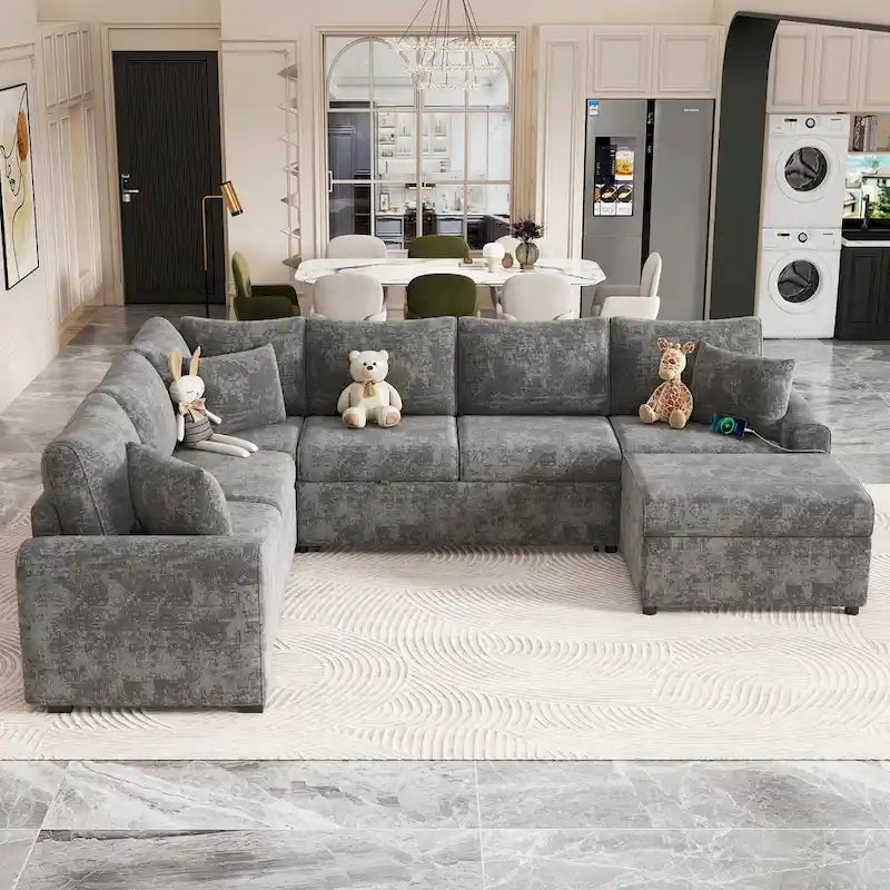 Chenille Sectional Sofa Pull-out Sofa Bed, L-Shape Sleeper Sofa with Storage Ottoman, 3 Pillows and Charging Devices