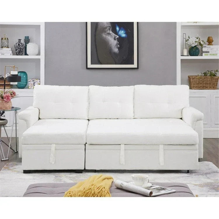 Divano componibile reversibile trasformabile con letto estraibile, chaise longue con contenitore nascosto e gambe resistenti