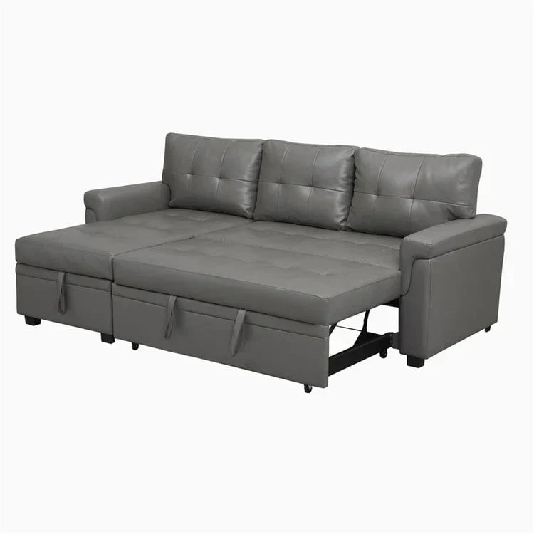 Divano componibile reversibile trasformabile con letto estraibile, chaise longue con contenitore nascosto e gambe resistenti