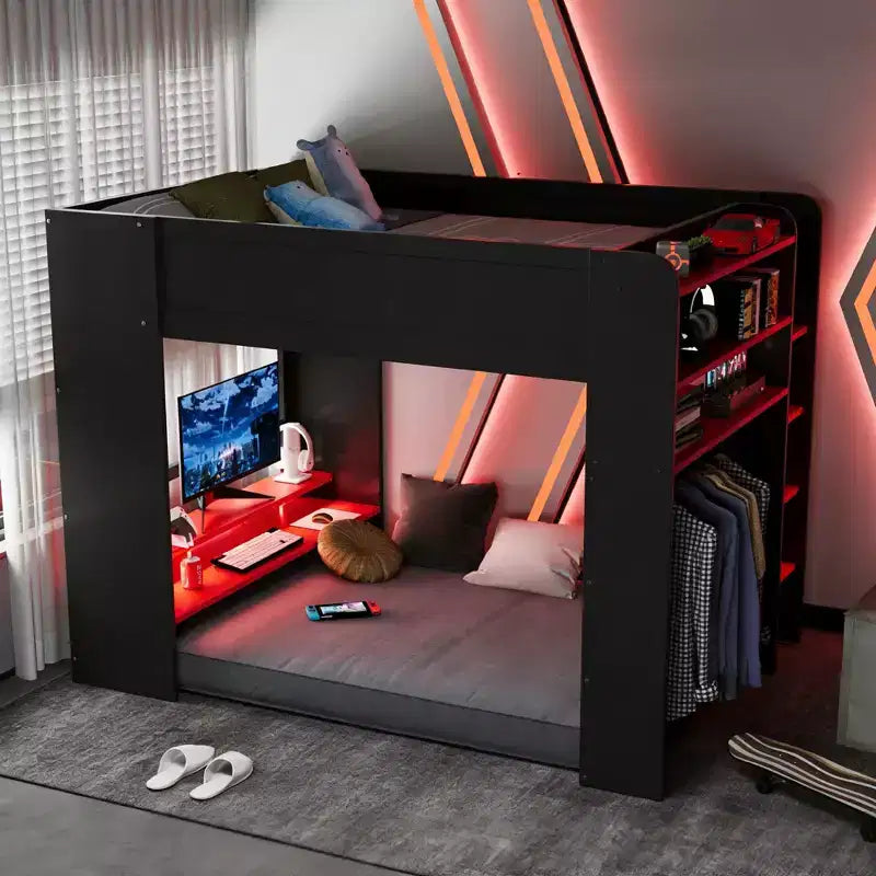 Letto a soppalco Luxystar matrimoniale con scrivania regolabile illuminata, guardaroba aperto e libreria