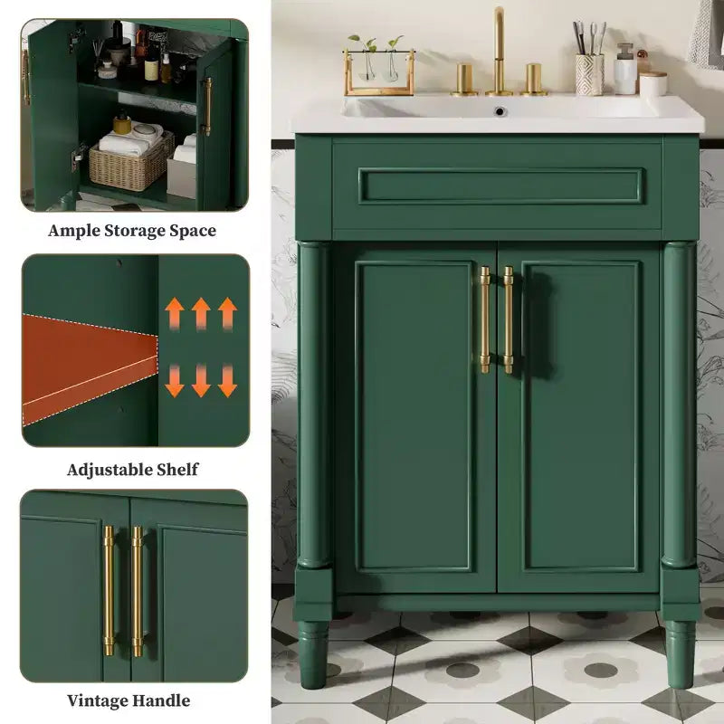 Mobile da bagno da 24 pollici con lavabo in ceramica, mobile in stile Shaker, 2 ante a chiusura ammortizzata, struttura in legno massello per bagno piccolo o bagno di servizio