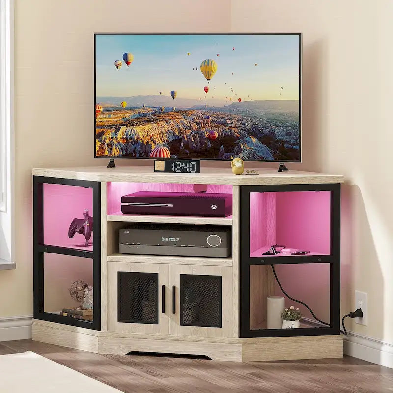 Meuble TV d’angle de style maison de campagne, centre de divertissement et console multimédia pour téléviseurs jusqu’à 55 po, avec prise électrique