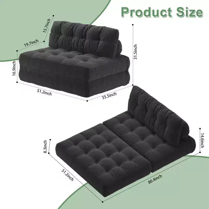 Canapé-lit futon pliant en velours côtelé, fauteuil convertible au sol avec coussin et soutien dorsal, format double