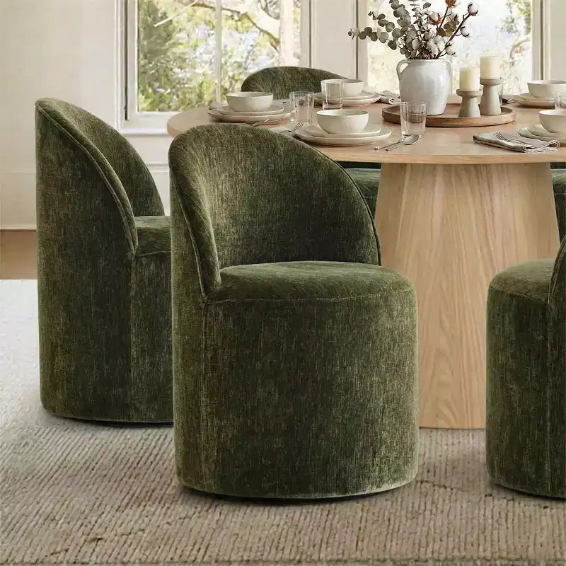 Modern Dining Table Set For 6, Round Pedestal Dining Table, Swivel Rolling Barrel Chairs With Wheels, Textured Chenille- Panipeachy