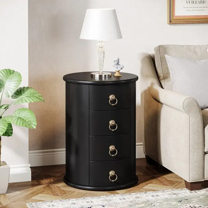No Assembly Solid Wood End Table, Vintage Round Side Drawers Table