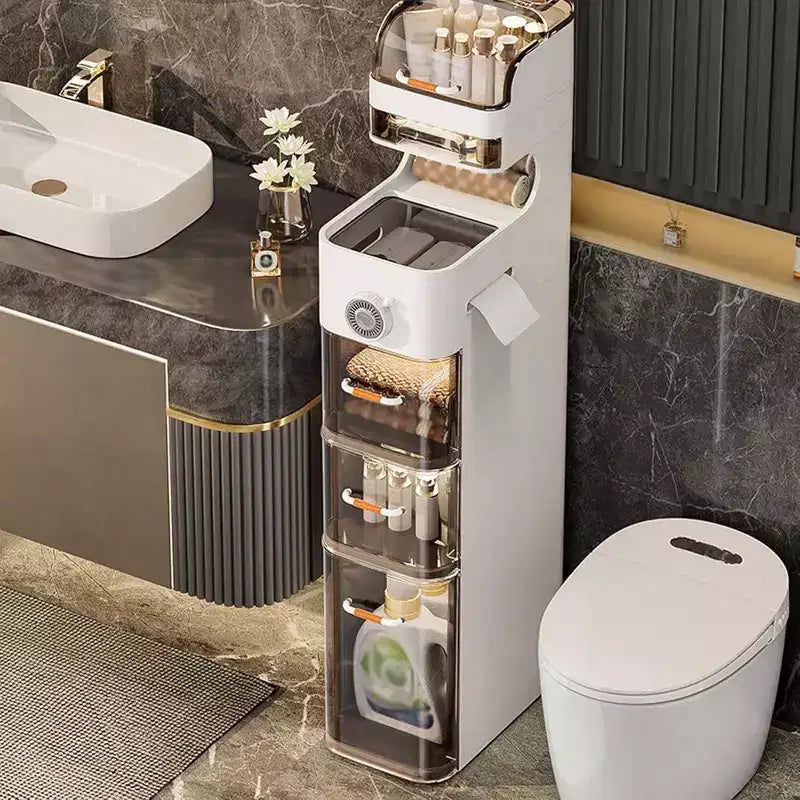 Schmaler Badezimmerschrank, 7-stufiger schmaler Aufbewahrungsschrank mit wasserdichten Organizern, Toilettenpapierhalter und Rollen, ideal für Bad, Küche und Waschküche