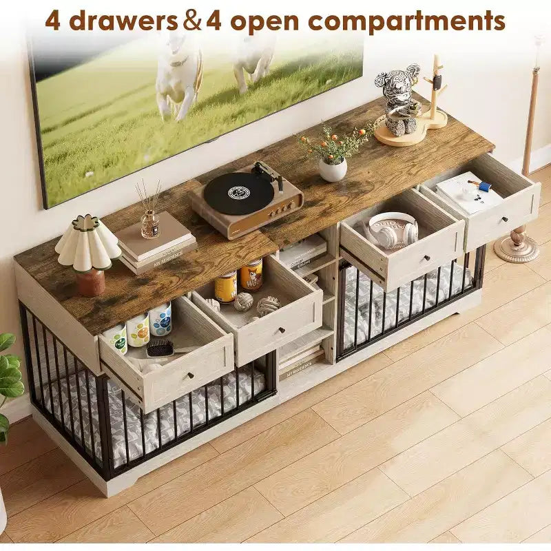 82 Double Dog Crate Furniture, Large Dog Kennel Indoor for 2 Dogs, Heavy Duty Wooden Dog Crate TV Stand with 4 Drawers and Shelves