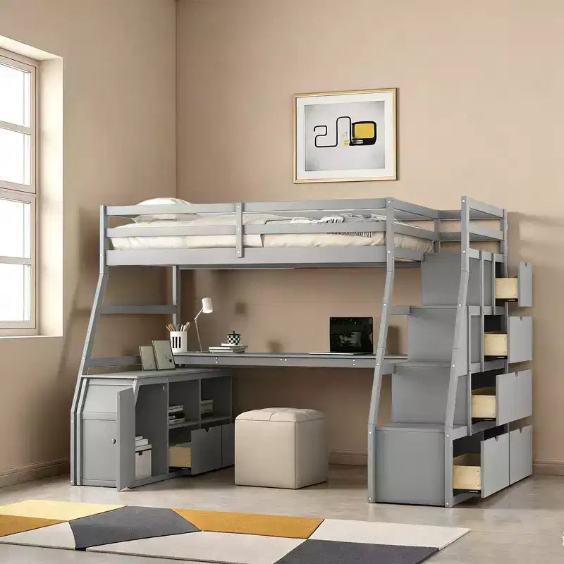Twin Size Loft Bed with 7 Drawers, 2 Shelves, Cabinet and Desk for Kids and Teens