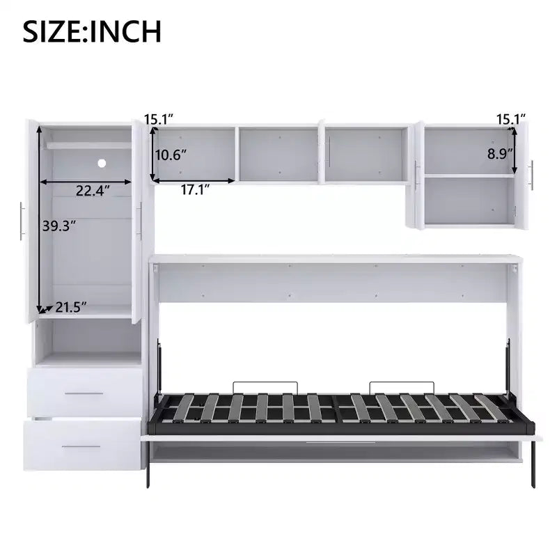Lit escamotable mural une place, cadre en bois avec armoire intégrée, tiroirs de rangement et étagères ouvertes, blanc -ModernLuxe