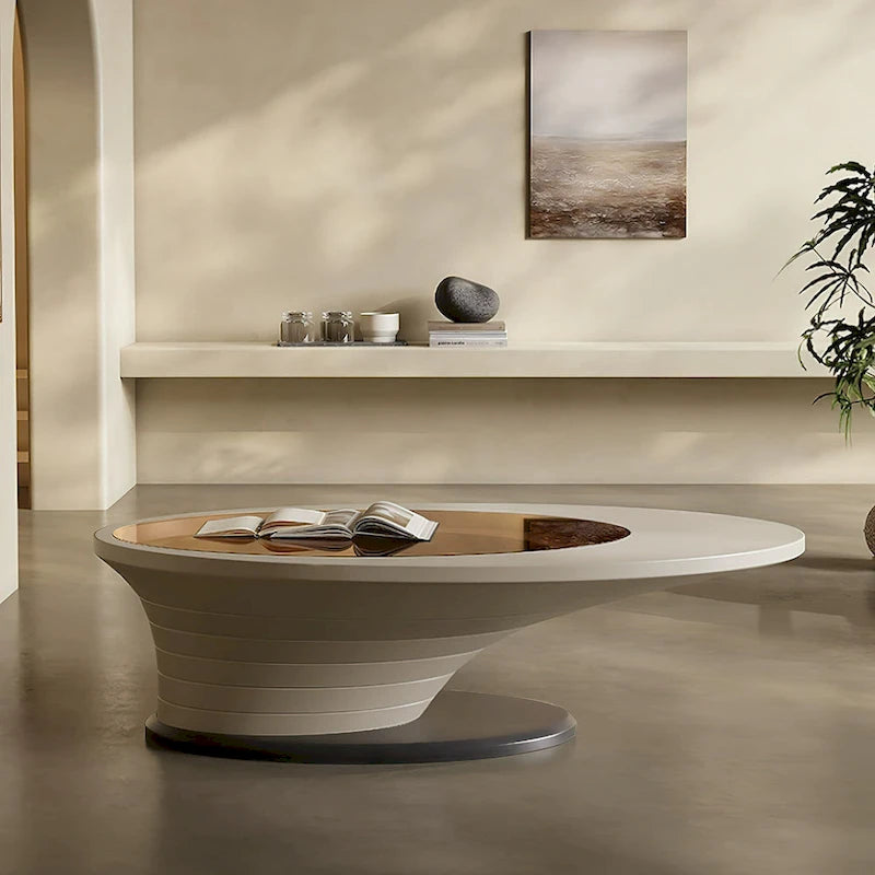 Licht luxueuze, moderne, minimalistische ovale salontafel met glazen tafelblad en grijze basis, 51 inch - L 51,18' B 25,59' H 14,37'