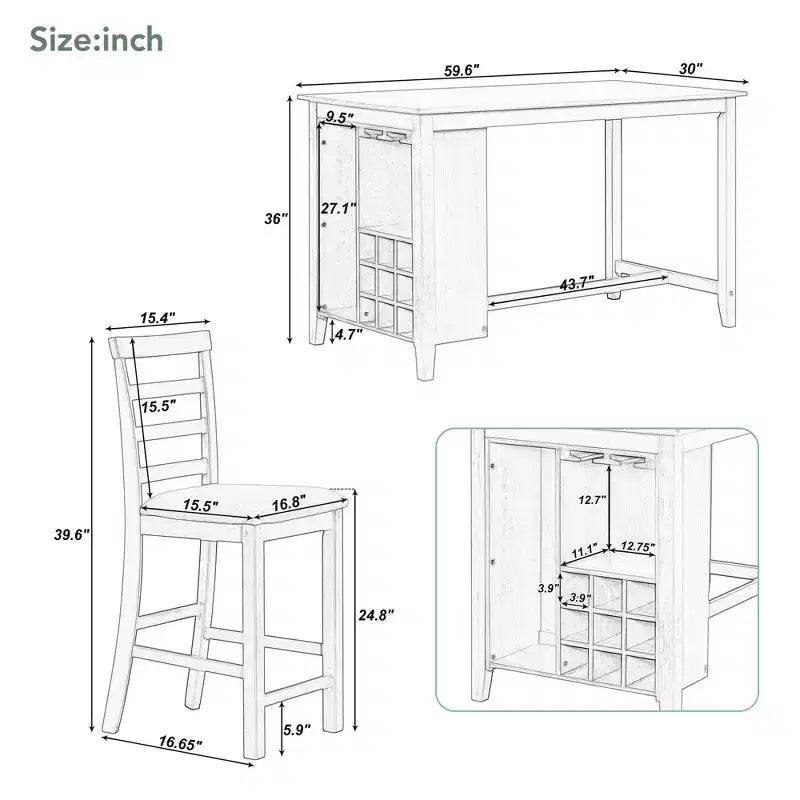 Ensemble de salle à manger de style maison de campagne 5 pièces, hauteur comptoir, avec chaises pour 4 personnes, table rectangulaire en bois avec étagères de rangement et compartiment pour bouteilles de vin