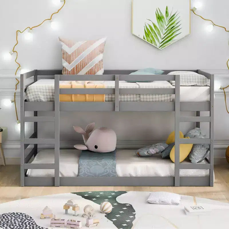 Low Bunk Bed , Wooden Floor Bunk Bed with Ladder, Bunk Bed with Full Guardrails