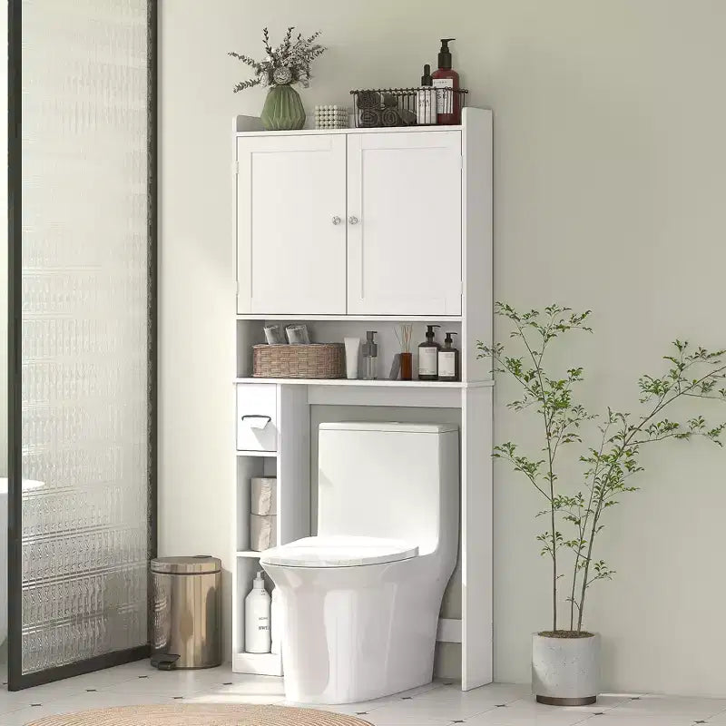 HOMCOM Over the Toilet Storage Cabinet, Modern Above Toilet Bathroom Organizer with 2 Doors, Toilet Paper Holder, Freestanding Space Saver