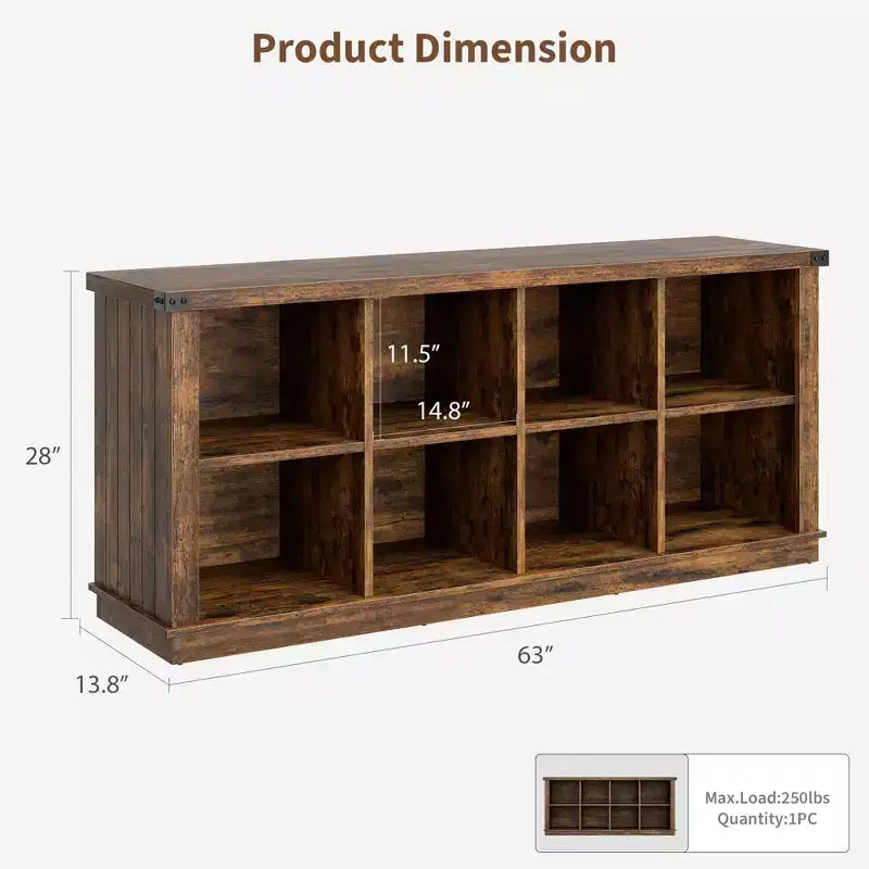 8 Cube Storage Organizer Bookshelf, Farmhouse Horizontal Bookcase, 62 Inch Wood Storage Bookcase for Entryway, Long Low Bookshelves for Living Room