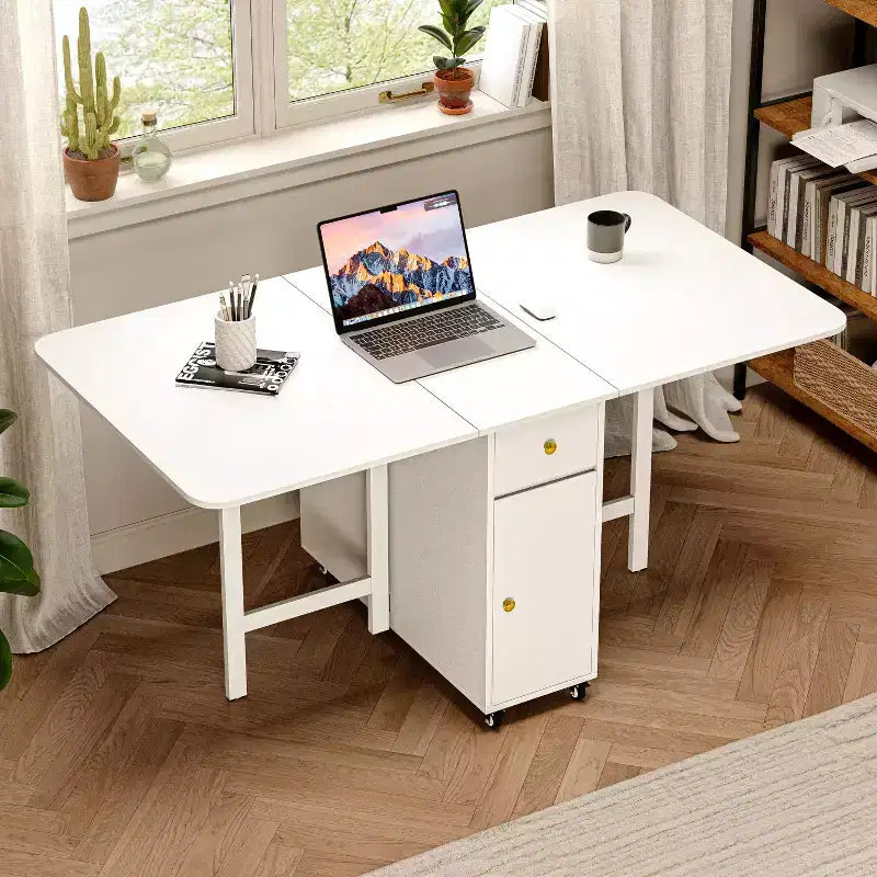 ATJafurn 59'' Foldable Dining Table with Drop Leaves for Small Space, Rectangular Wooden Extendable kitchen Table with Wheels and Storage