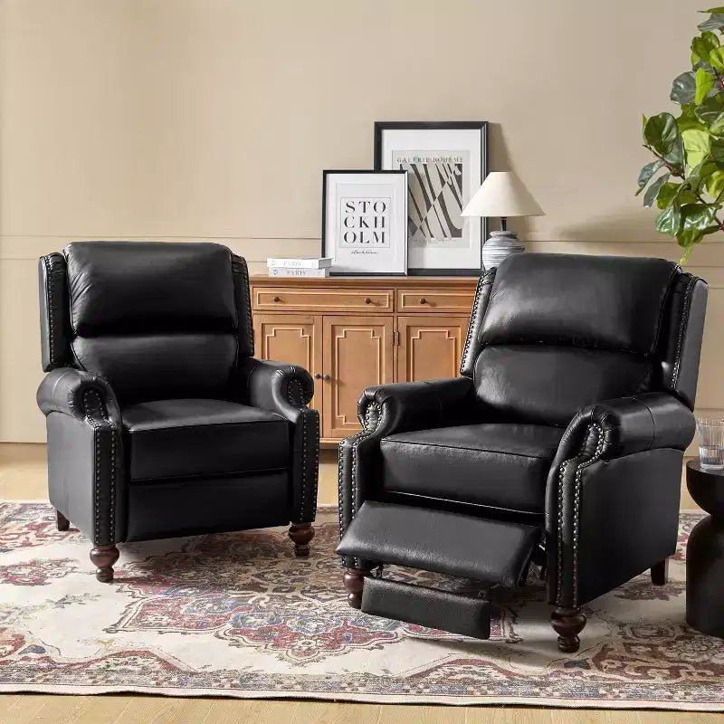 Set aus 2 modernen Elisabete-Sesseln mit hoher Rückenlehne aus echtem Leder und Vintage-Nagelkopfbesatz für Wohnzimmer und Schlafzimmer| ART OF LIVING DESIGNS