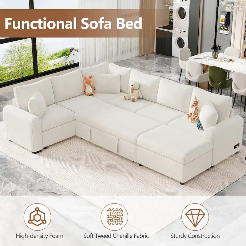 Chenille Sectional Sofa Pull-out Sofa Bed, L-Shape Sleeper Sofa with Storage Ottoman, 3 Pillows and Charging Devices