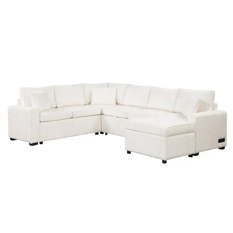 Chenille Sectional Sofa Pull-out Sofa Bed, L-Shape Sleeper Sofa with Storage Ottoman, 3 Pillows and Charging Devices