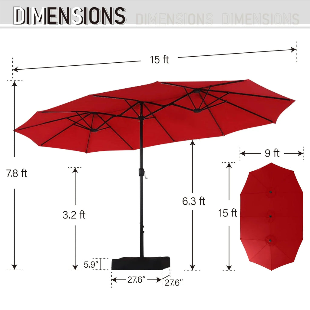 MAISON ARTS rechthoekige dubbelzijdige buitenparasol van 4,57 meter met slinger, zonnelampen en meegeleverde voet