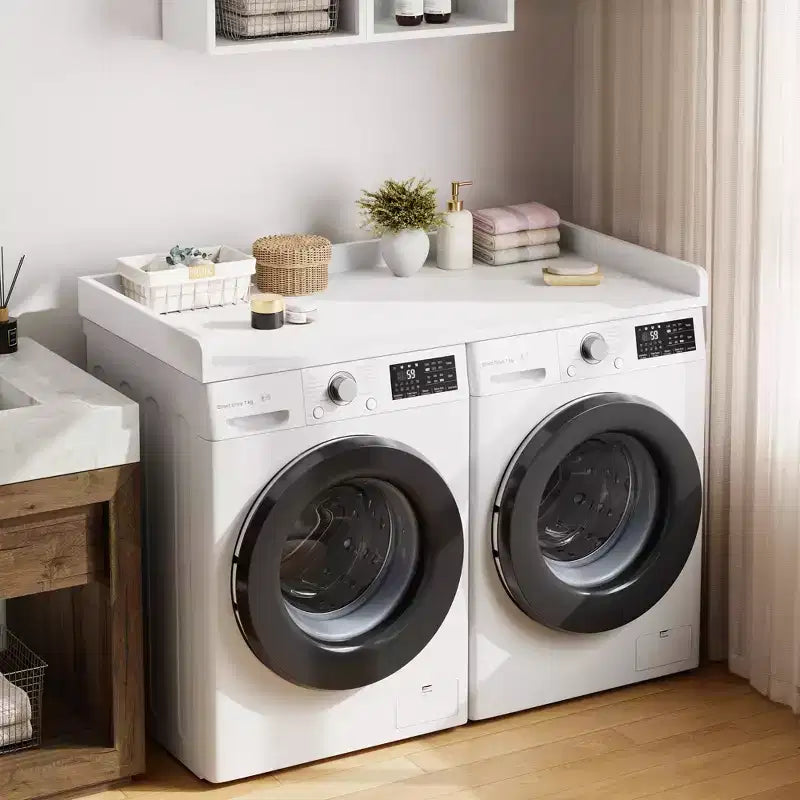 Aanrechtblad voor wasmachine en droger, wasruimteblad met opstaande rand en antislipmat voor opbergruimte voor wasmanden en organisatie van de wasruimte