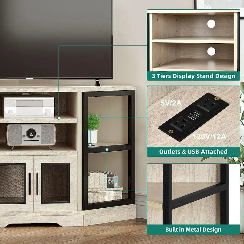 Meuble TV d’angle de style maison de campagne, centre de divertissement et console multimédia pour téléviseurs jusqu’à 55 po, avec prise électrique