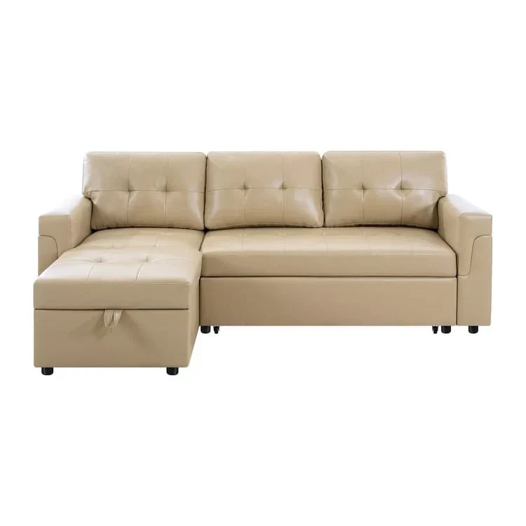 Divano componibile reversibile trasformabile con letto estraibile, chaise longue con contenitore nascosto e gambe resistenti
