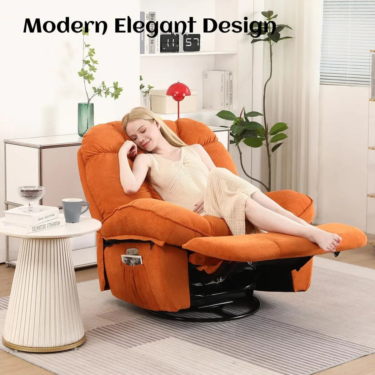 XINMICS draaibare elektrische relaxstoel, massagestoel met schommelstand, verwarming, USB, USB-C en zijvak