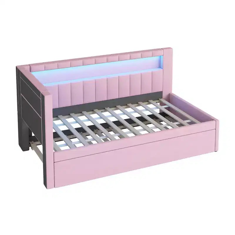 Daybed in Twin-/Full-Größe mit Ausziehbett und L-förmigem Bücherregal-Kopfteil, weiches Eckbett mit Leinenpolsterung, Ablagefächern und LED-Band