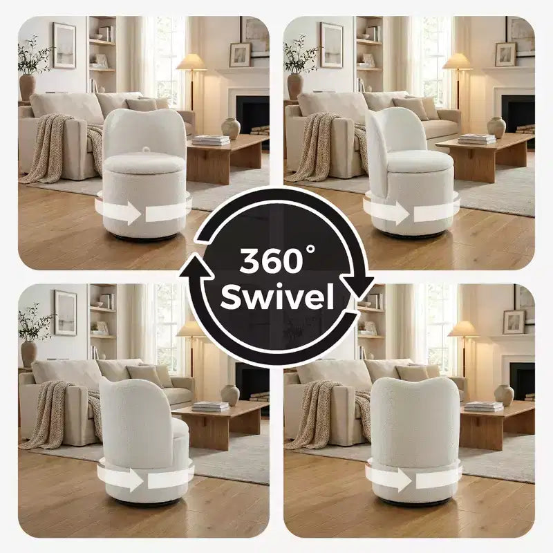 Swivel Vanity Chair with Storage, Upholstered Round Makeup Stool with Back, Soft Padded Barrel Accent Armchair for Bedroom & Living Room