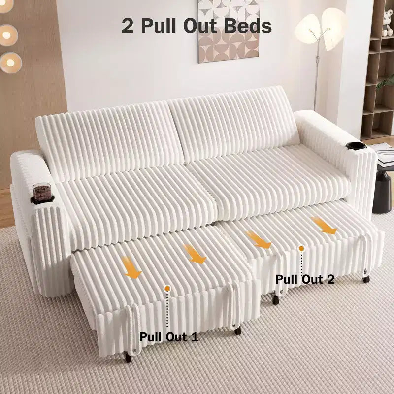 Dyonery 91-delige slaapbank met chaise longue en uitschuifbaar bed, verstelbare rugleuning/twee uitschuifbare bedden/USB-poorten/bekerhouders, zacht corduroy