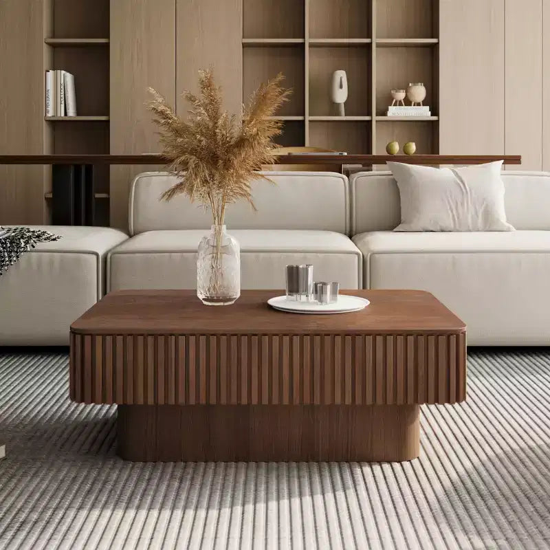 JVNOXK 38,6'' gecanneleerde salontafel met liftblad en opbergruimte, moderne accenttafel van massief houtfineer met verstelbare hoogte voor woonkamer en slaapkamer, walnootkleur