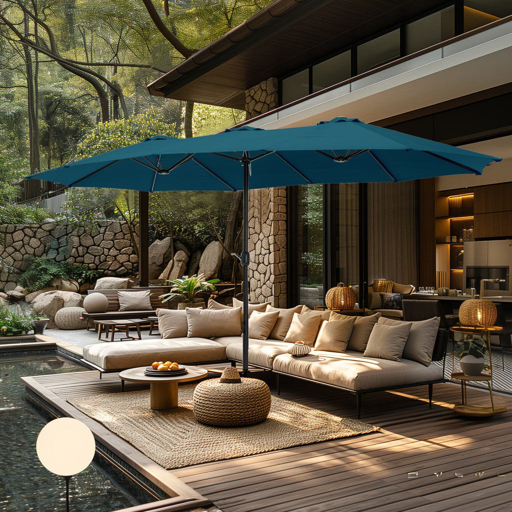 MAISON ARTS dubbele parasol voor terras, 15 ft, extra groot, tweepersoons, inclusief voet