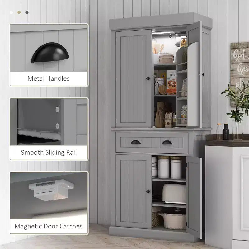 71 Kitchen Pantry Cabinet with LED Lights, 6 Door Shelves, a Drawer and 4 Adjustable Shelves
