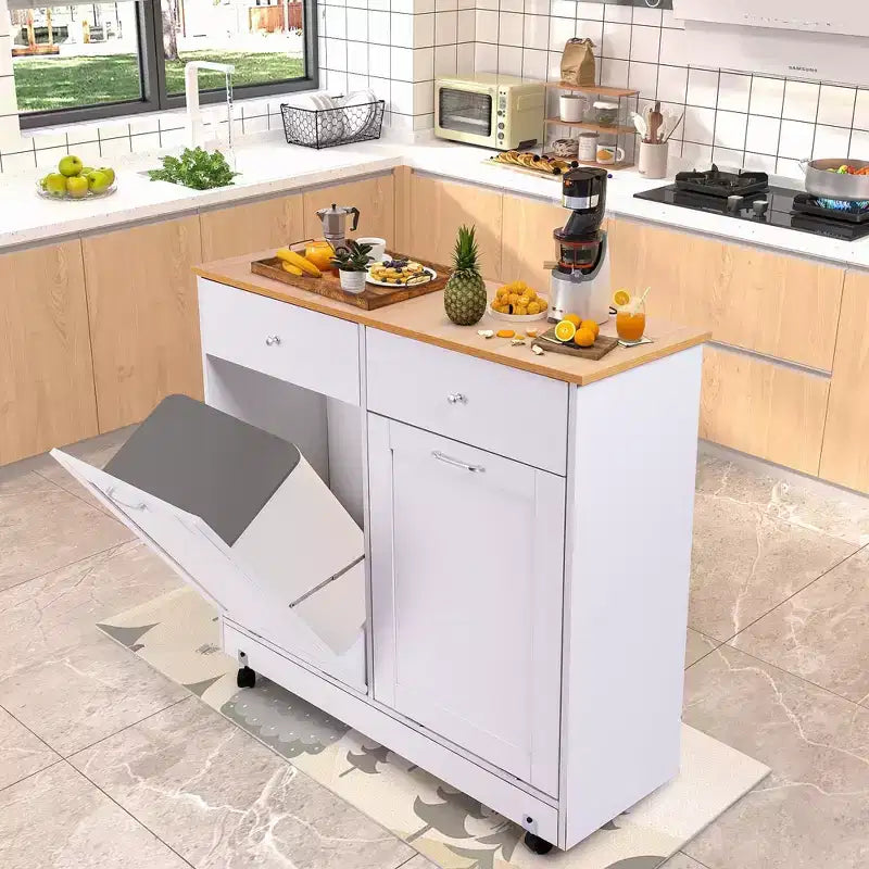 Mobiletto EROMMY per rifiuti con doppio ribaltamento e 2 cassetti, mobiletto per rifiuti con contenitore su ruote, bianco