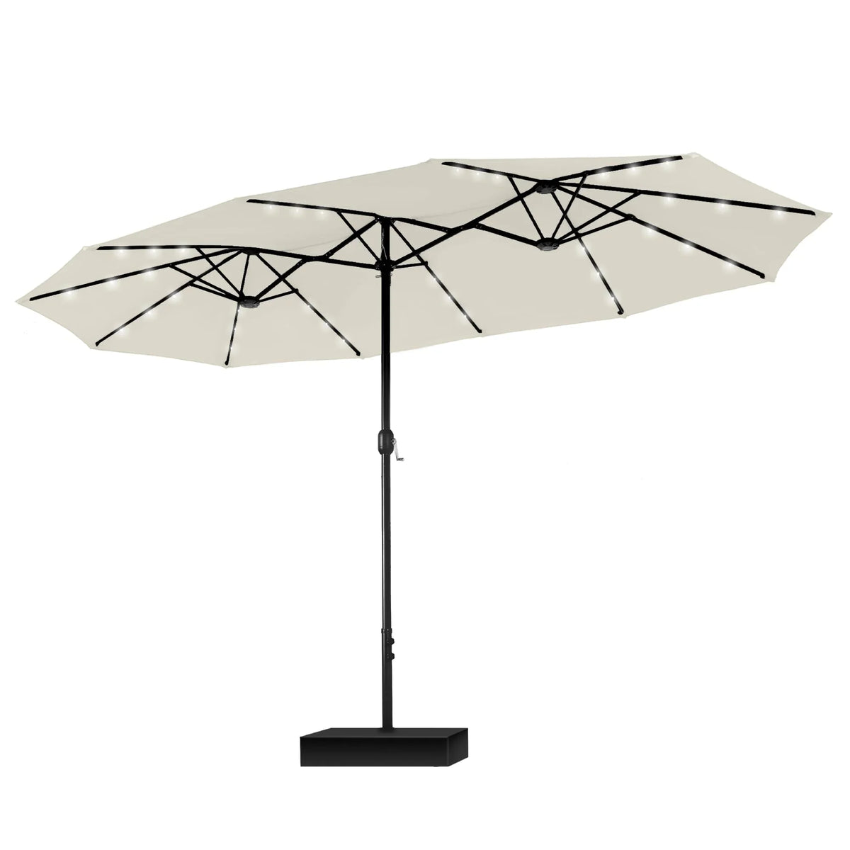 MAISON ARTS rechthoekige dubbelzijdige buitenparasol van 4,57 meter met slinger, zonnelampen en meegeleverde voet