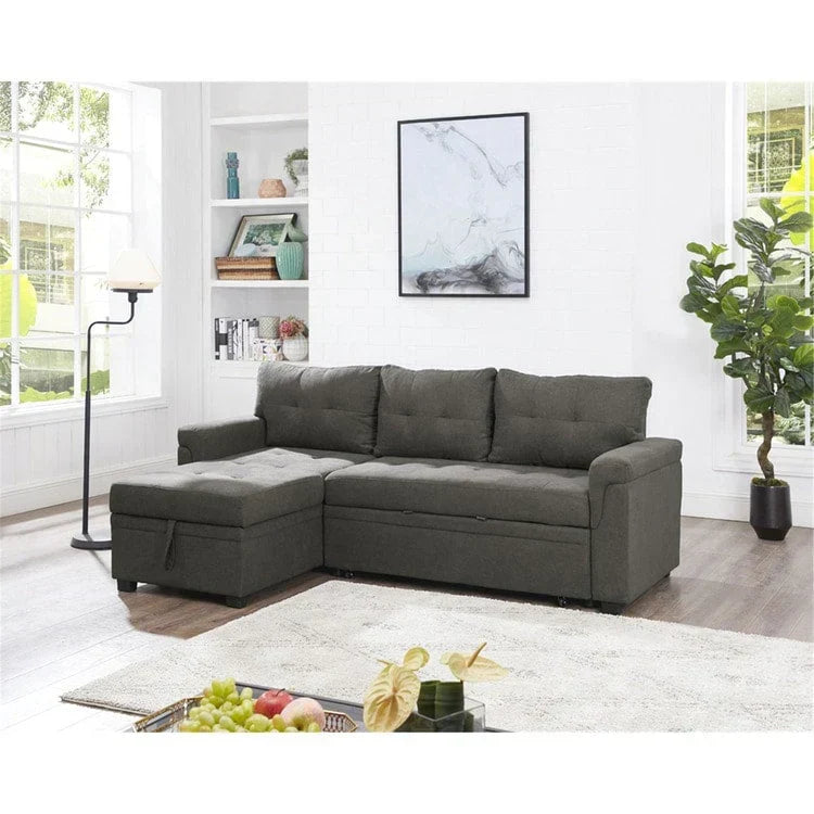 Divano componibile reversibile trasformabile con letto estraibile, chaise longue con contenitore nascosto e gambe resistenti