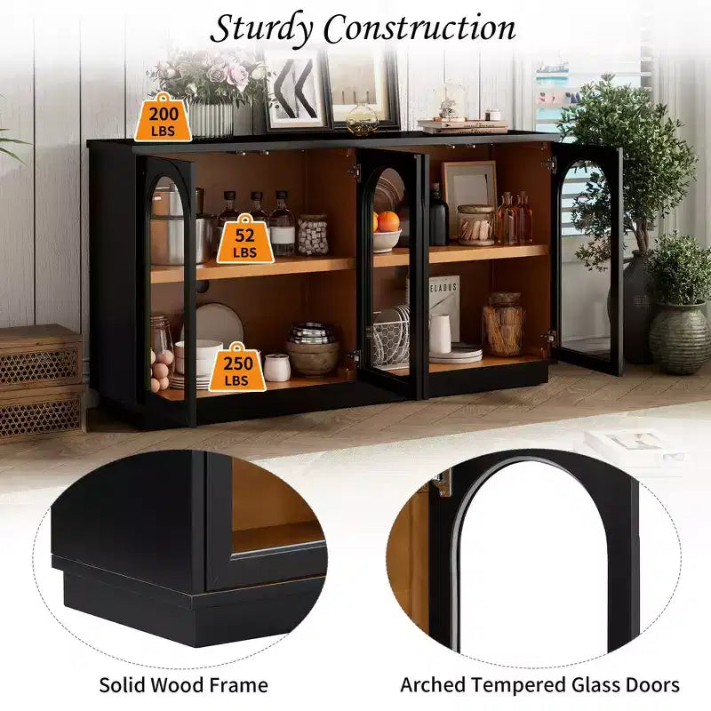 Grande buffet contenitore a 4 ante con ante in vetro, mobile ad arco con ripiani regolabili per la cucina