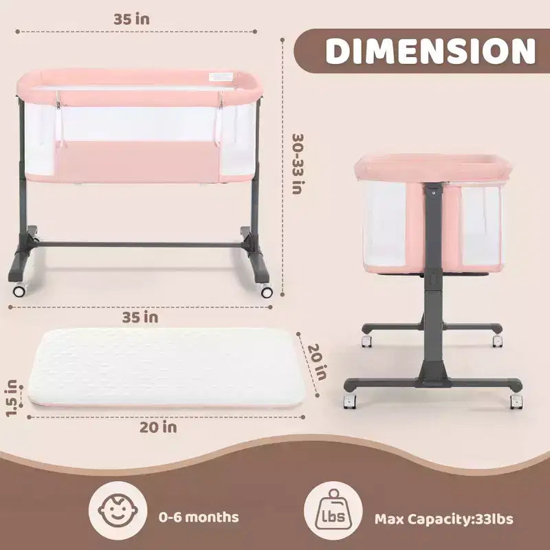 Babywiegje met wielen – beige / grijs / roze, wiegje naast het bed, voor 1 baby