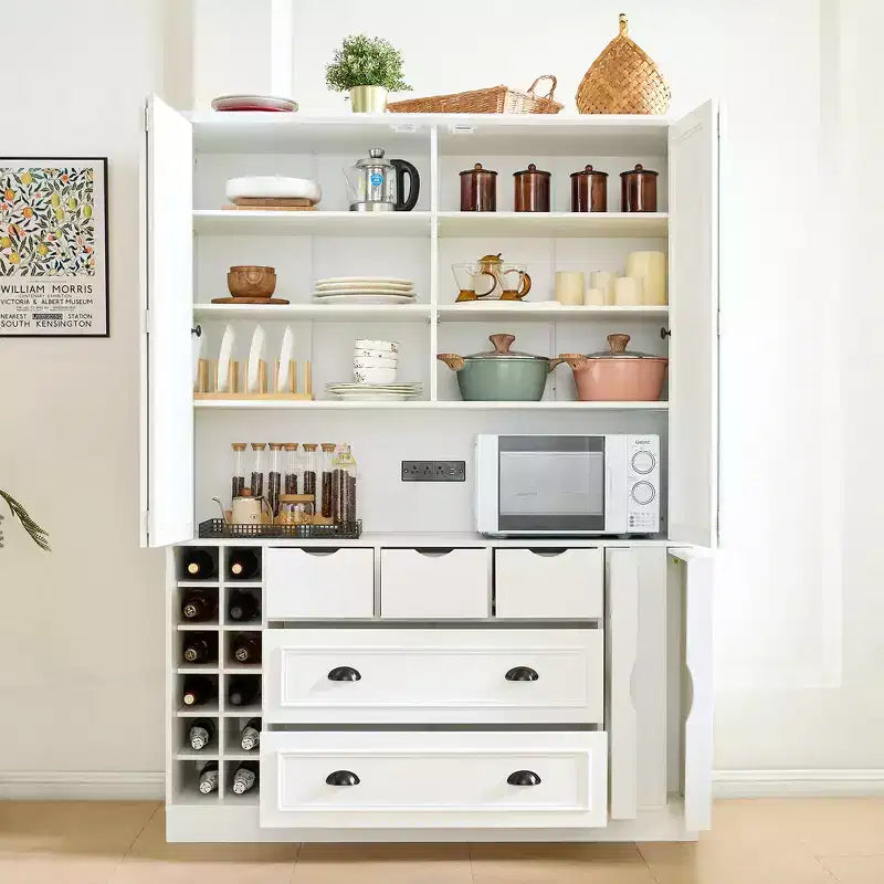 Despensa de cocina independiente Whisen de 71'' de altura, armario grande de almacenamiento para comedor con aparador, 4 puertas plegables, estantes y botelleros