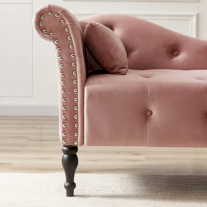 Modern 60.6  Velvet Upholstered Buttons Tufted Chaise Lounge Chair with Solid Wood Legs and Nailheads