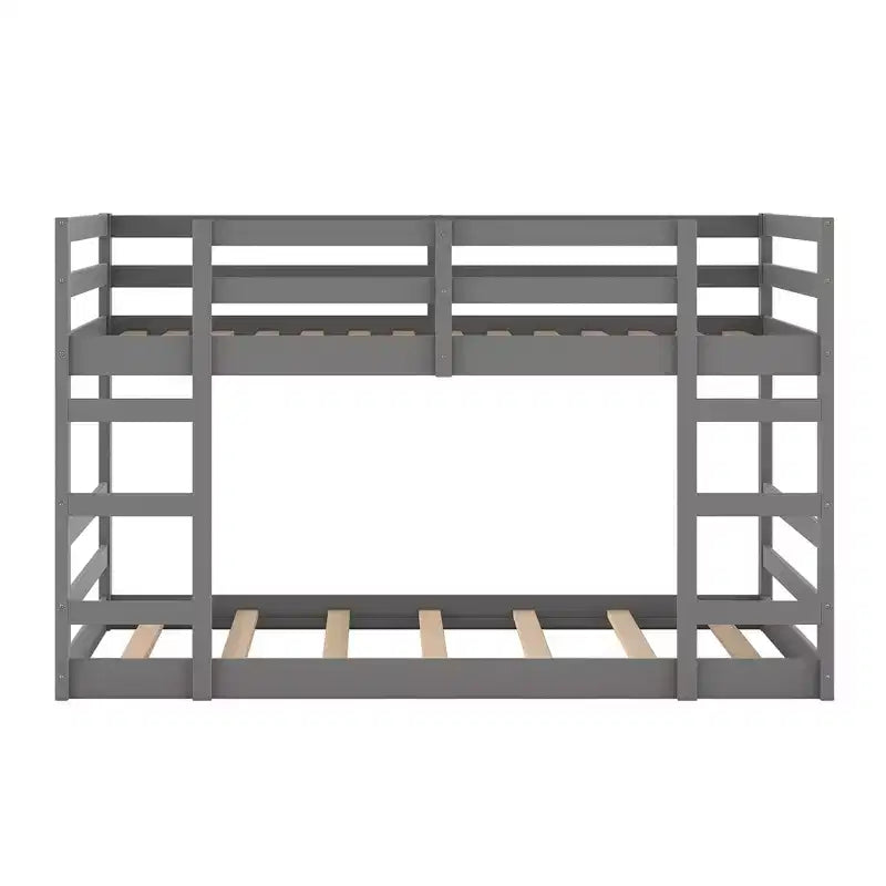 Low Bunk Bed , Wooden Floor Bunk Bed with Ladder, Bunk Bed with Full Guardrails