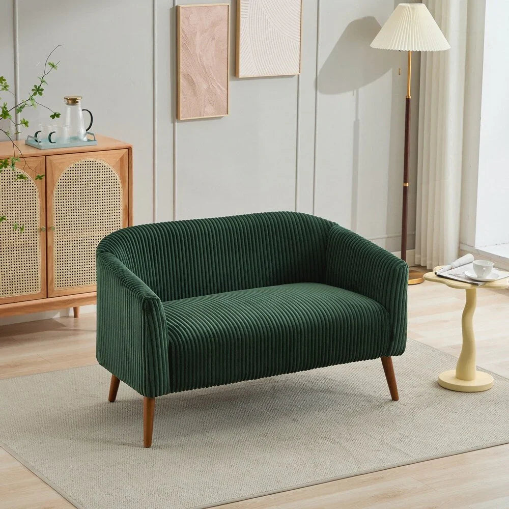 2-zitsbank met bekleding van corduroy en houten poten in walnootkleur