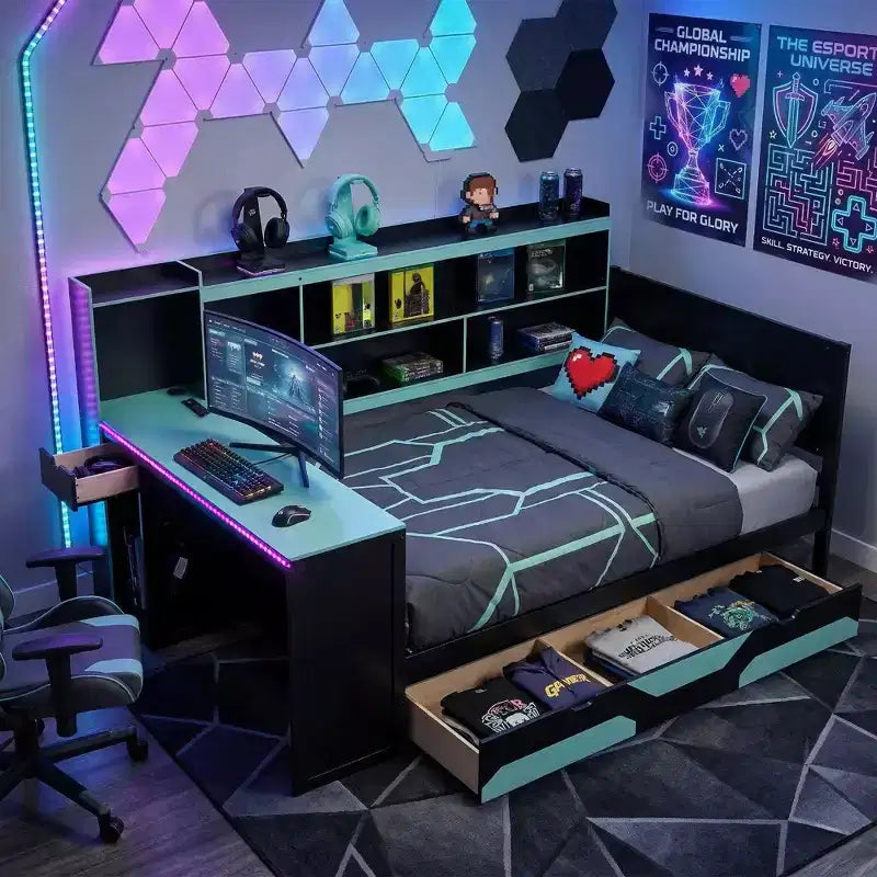 Łóżko dzienne Gamer Hub z biurkiem, oświetleniem RGB, stacją ładowania, szufladami do przechowywania i zagłówkiem z regałem na książki