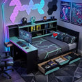 Łóżko dzienne Gamer Hub z biurkiem, oświetleniem RGB, stacją ładowania, szufladami do przechowywania i zagłówkiem z regałem na książki
