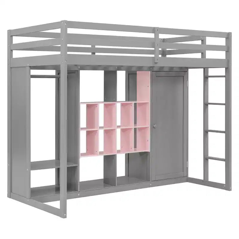 Letto a soppalco per bambini con armadio e mensole, struttura letto a soppalco in legno con mobile contenitore per bambini e ragazzi